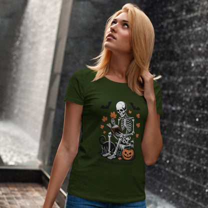 Just Waiting for Halloween T-Shirt - Cozy Spooky Skeleton Reading Tee