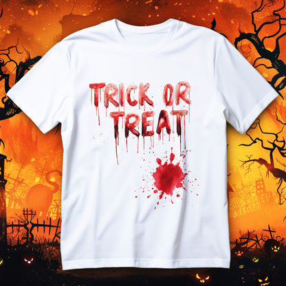trick or treat blood t-shirt - dripping letters with blood splatter halloween horror graphic