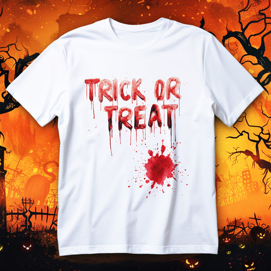 trick or treat blood t-shirt - dripping letters with blood splatter halloween horror graphic