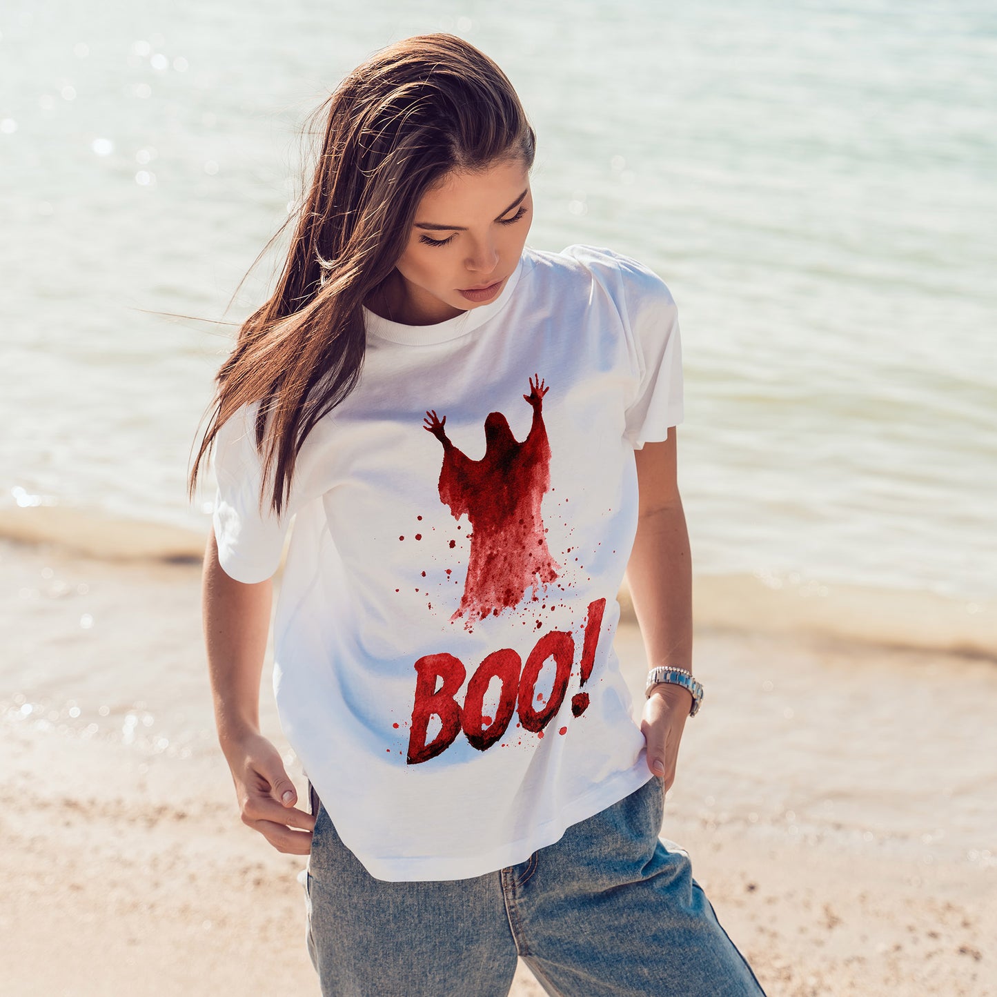 Boo Ghost Halloween T-Shirt - Red Spirit Blood Splatter Horror Tee