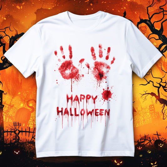 happy halloween blood handprints t-shirt - dripping letters scary horror graphics