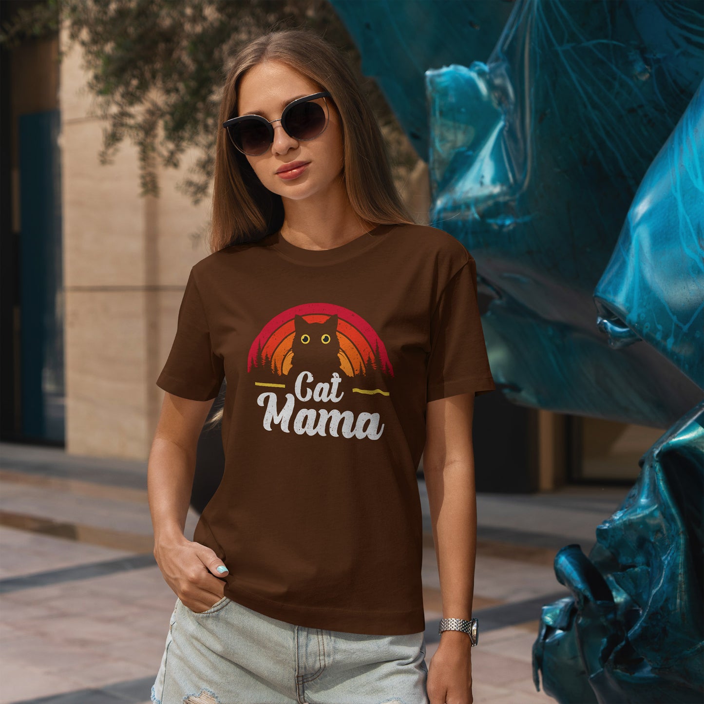 Cat Mama T-Shirt - Retro Sunset Cat Mom Tee