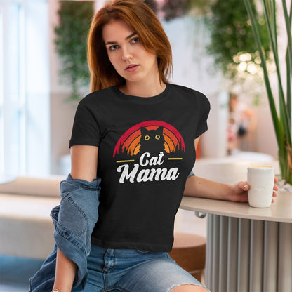 Cat Mama T-Shirt - Retro Sunset Cat Mom Tee