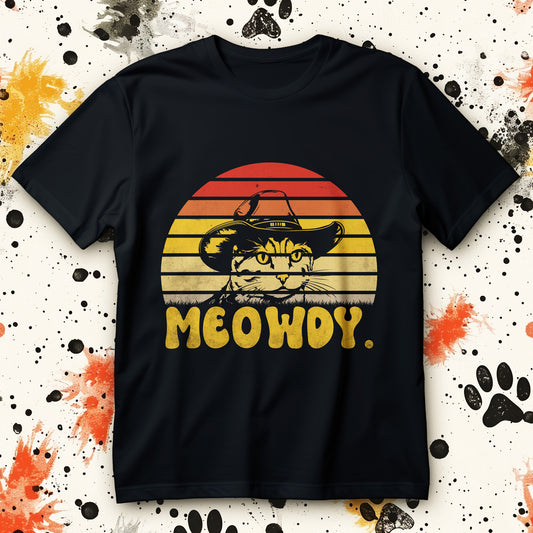 meowdy cowboy cat t-shirt - retro sunset western cat graphic