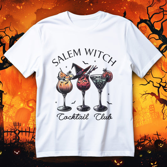 salem witch cocktail club t-shirt - witch hat cocktail with bats halloween bar crawl graphic