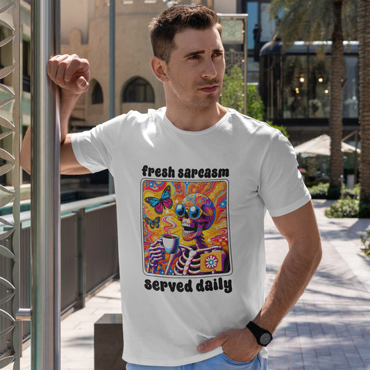 psychedelic coffee skeleton t-shirt - retro sunglasses skull with butterflies and boho patterns
