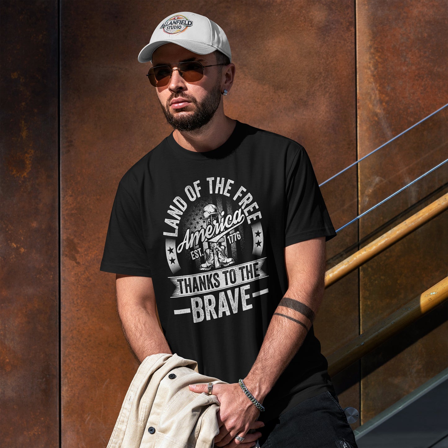 Land of the Free T-Shirt - Battlefield Cross & Flag Memorial Tee
