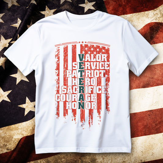 veteran word art t-shirt - distressed us flag with veteran acronym typography