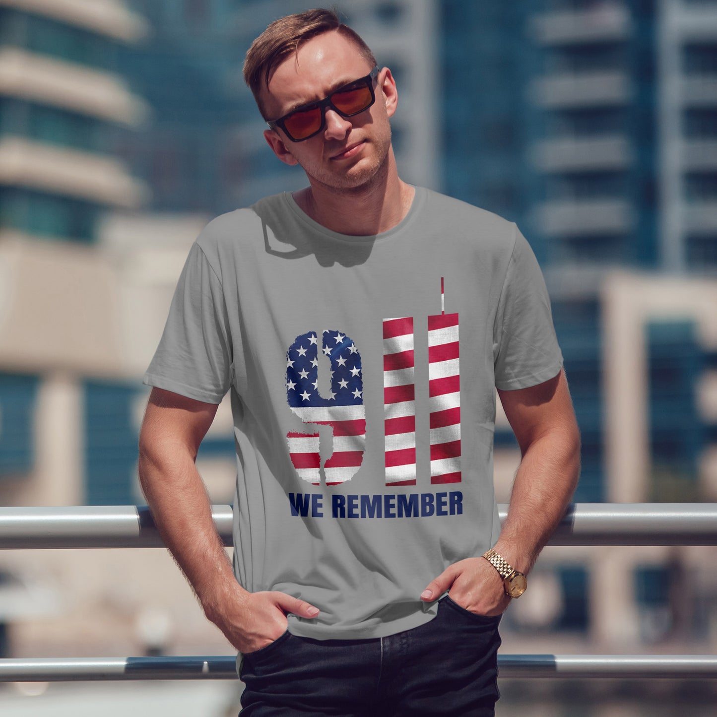 9/11 We Remember T-Shirt - American Flag Twin Towers Memorial Tee