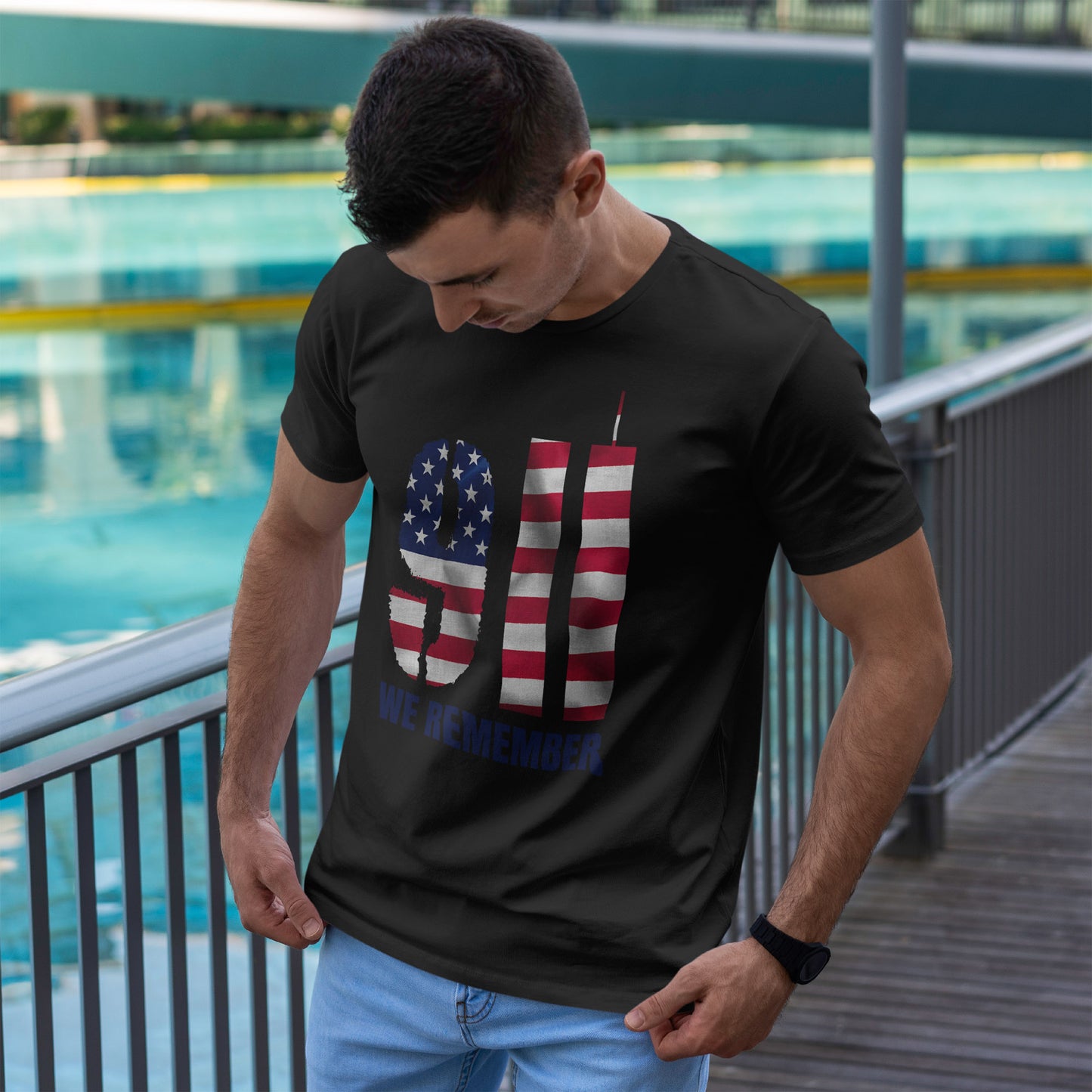 9/11 We Remember T-Shirt - American Flag Twin Towers Memorial Tee
