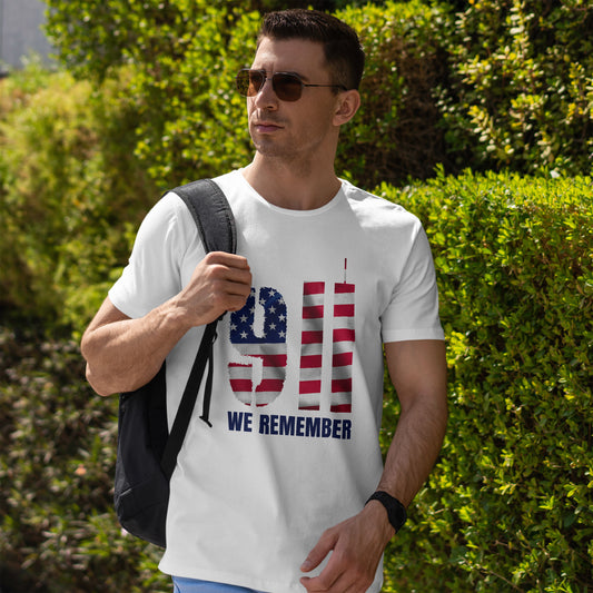9/11 We Remember T-Shirt - American Flag Twin Towers Memorial Tee