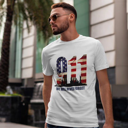 9/11 Memorial Shirt - American Flag NYC Skyline - We Will Never Forget Tribute T-Shirt