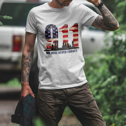 9/11 Memorial Shirt - American Flag NYC Skyline - We Will Never Forget Tribute T-Shirt