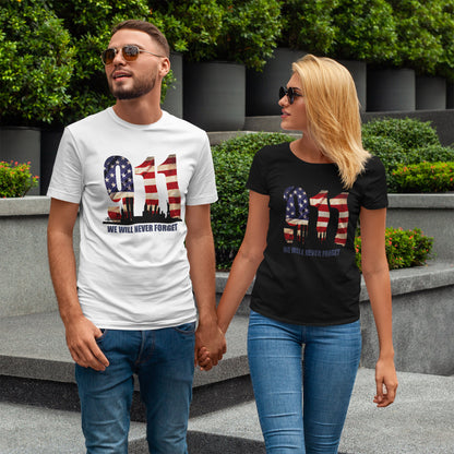 9/11 Memorial Shirt - American Flag NYC Skyline - We Will Never Forget Tribute T-Shirt
