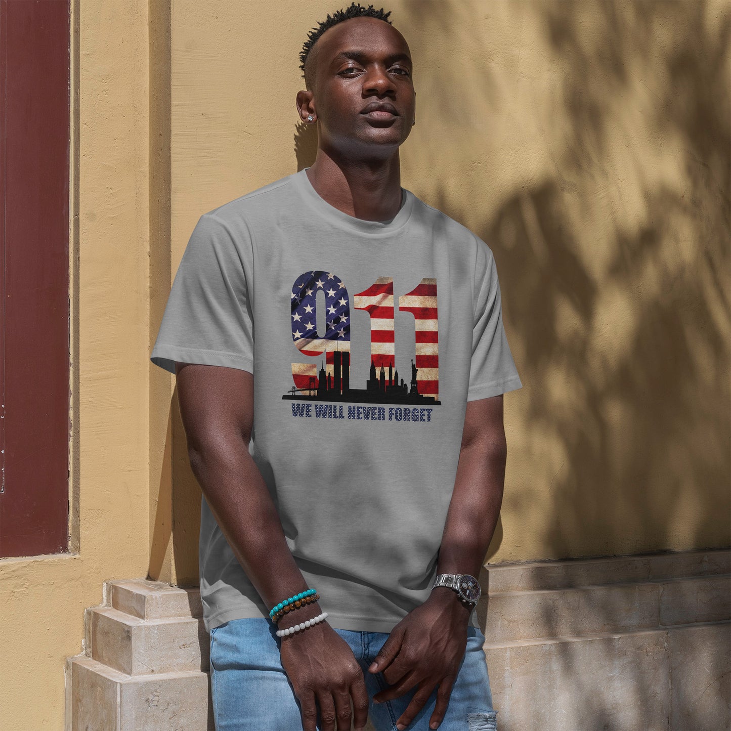 9/11 Memorial Shirt - American Flag NYC Skyline - We Will Never Forget Tribute T-Shirt