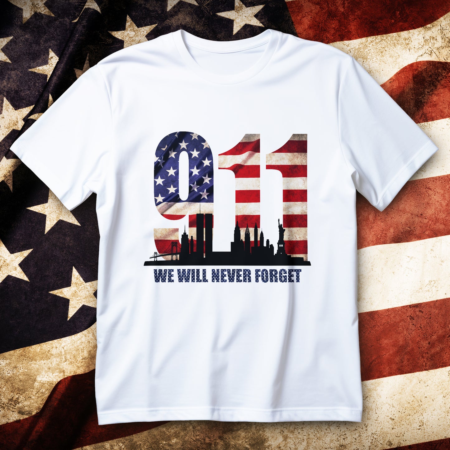 9/11 memorial t-shirt - american flag typography with nyc skyline and we will never forget message
