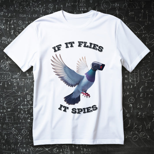 funny pigeon surveillance shirt with camera head and text if it flies it spies