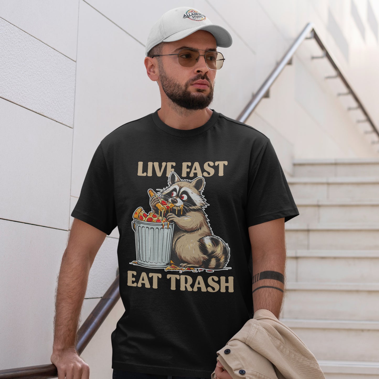 Live Fast Eat Trash Raccoon T-Shirt - Funny Pizza Meme Tee