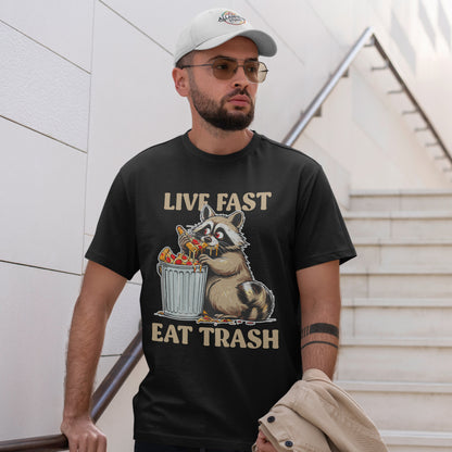 Live Fast Eat Trash Raccoon T-Shirt - Funny Pizza Meme Tee