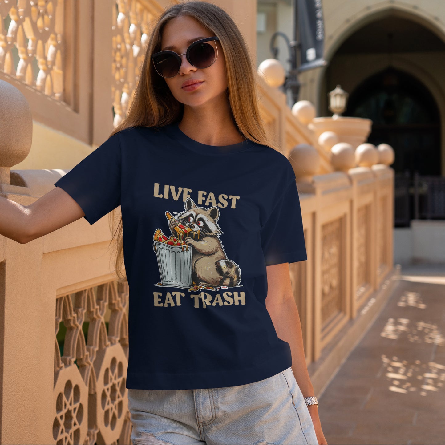 Live Fast Eat Trash Raccoon T-Shirt - Funny Pizza Meme Tee