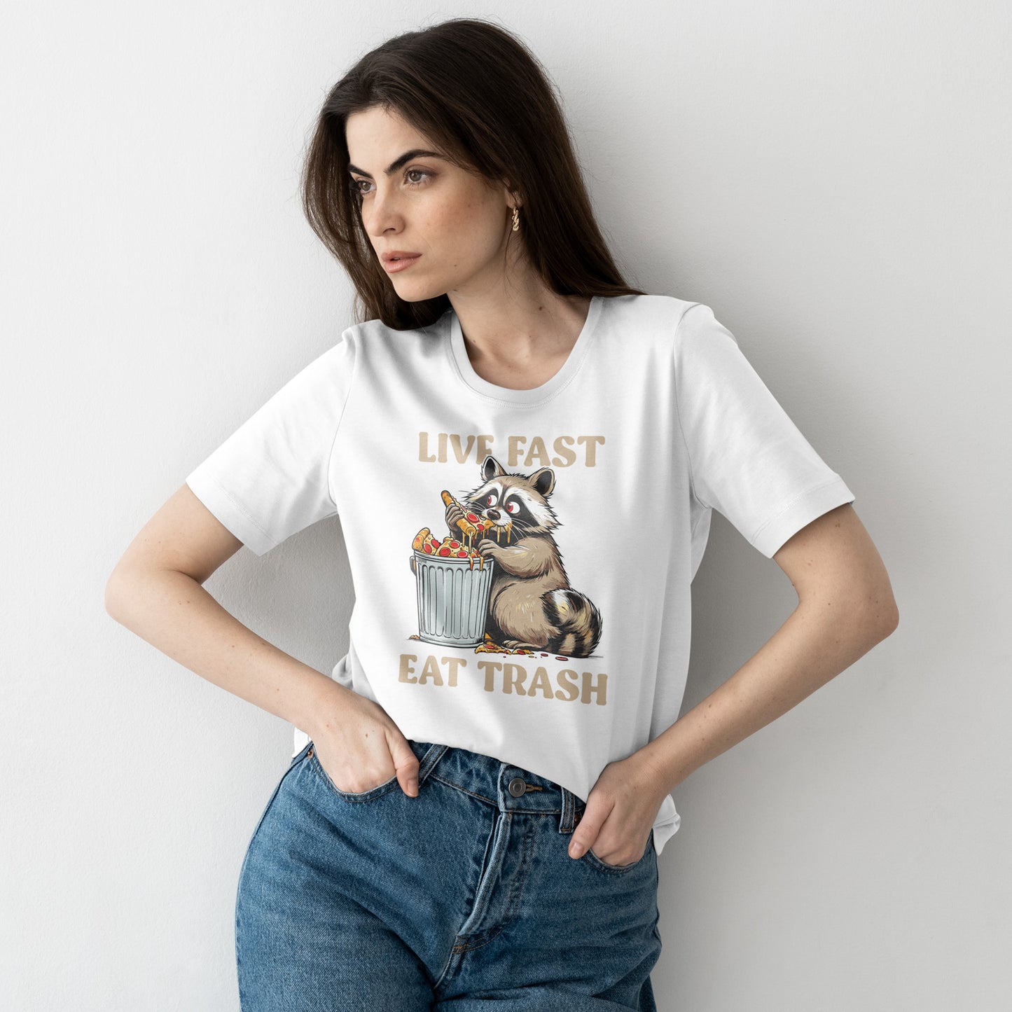 Live Fast Eat Trash Raccoon T-Shirt - Funny Pizza Meme Tee