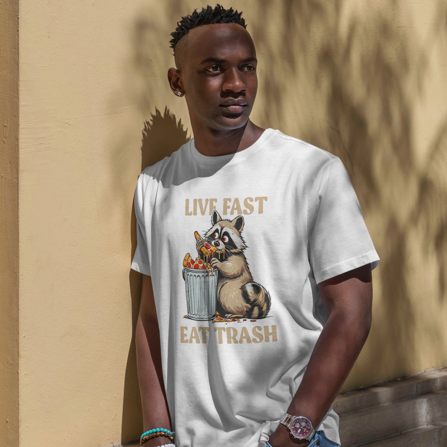 Live Fast Eat Trash Raccoon T-Shirt - Funny Pizza Meme Tee