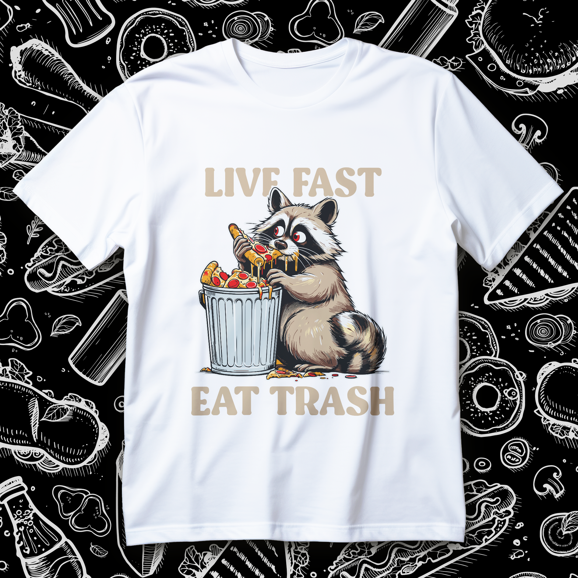live fast eat trash raccoon t-shirt - funny trash panda with pepperoni pizza graphic