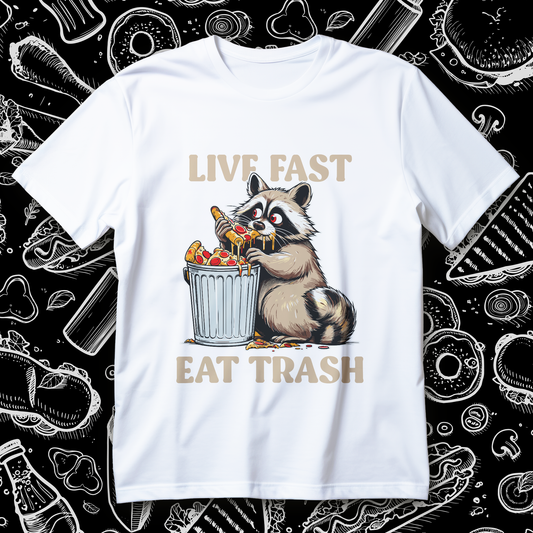 live fast eat trash raccoon t-shirt - funny trash panda with pepperoni pizza graphic
