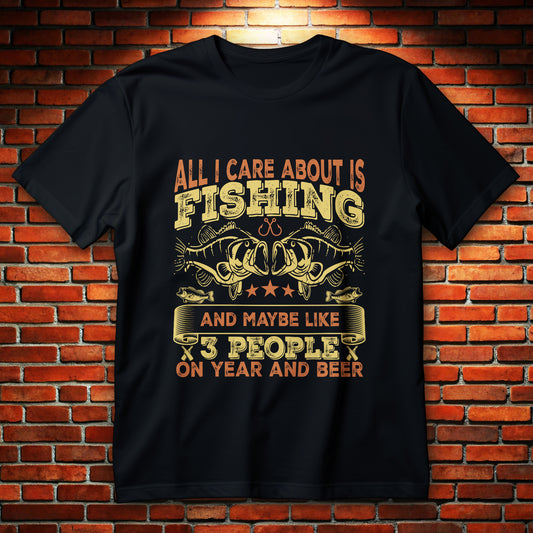 all i care about is fishing t-shirt - vintage bass graphic with crossed hooks and bold distressed lettering, funny angler design