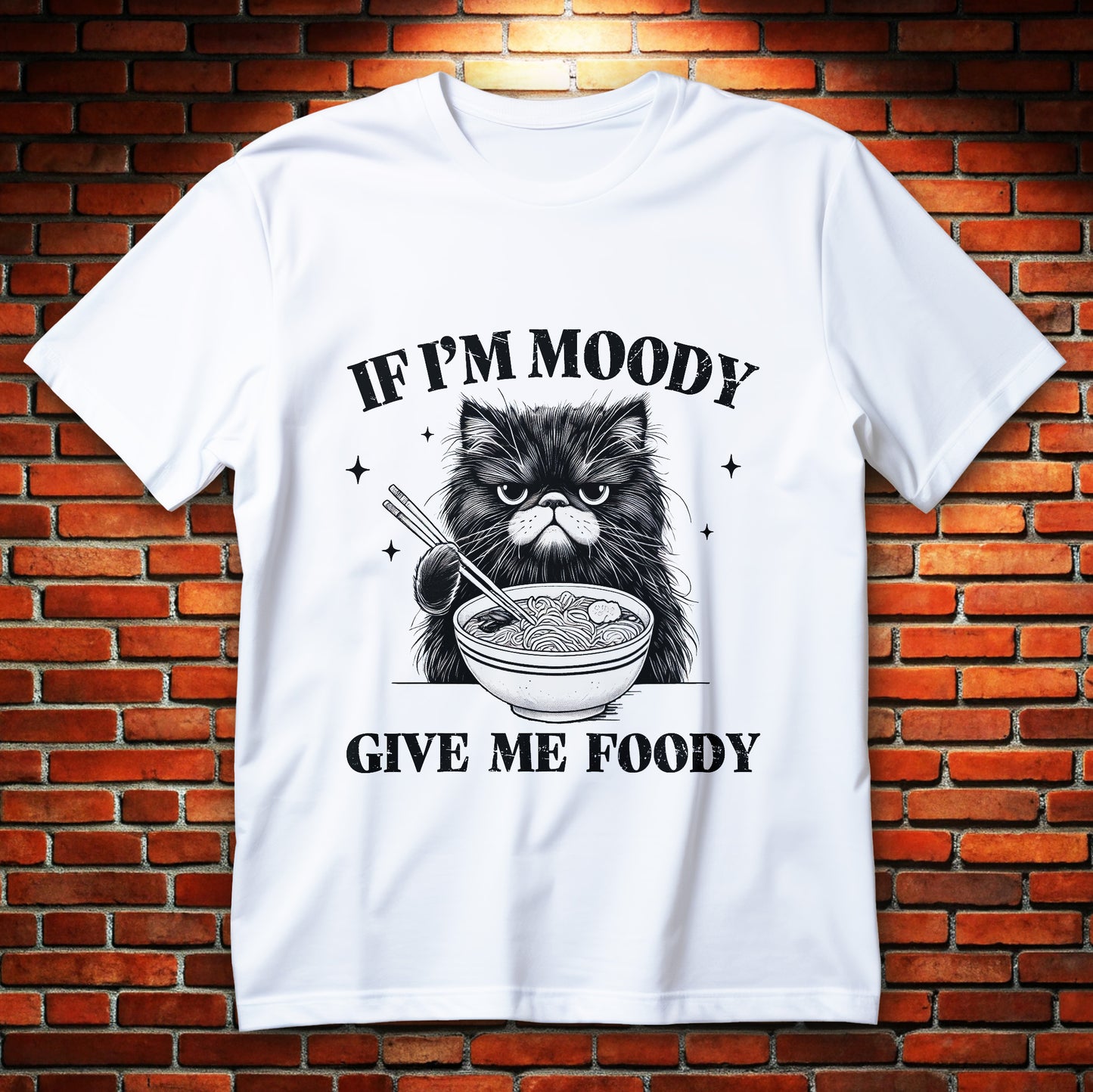 grumpy ramen cat t-shirt with moody kitty and chopsticks, funny noodles graphic