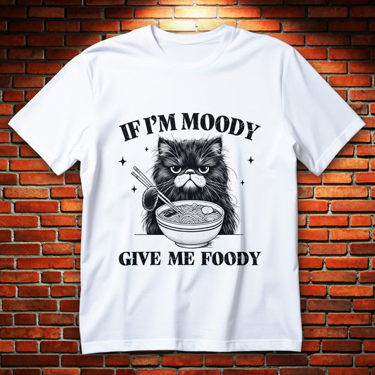 grumpy ramen cat t-shirt with moody kitty and chopsticks, funny noodles graphic