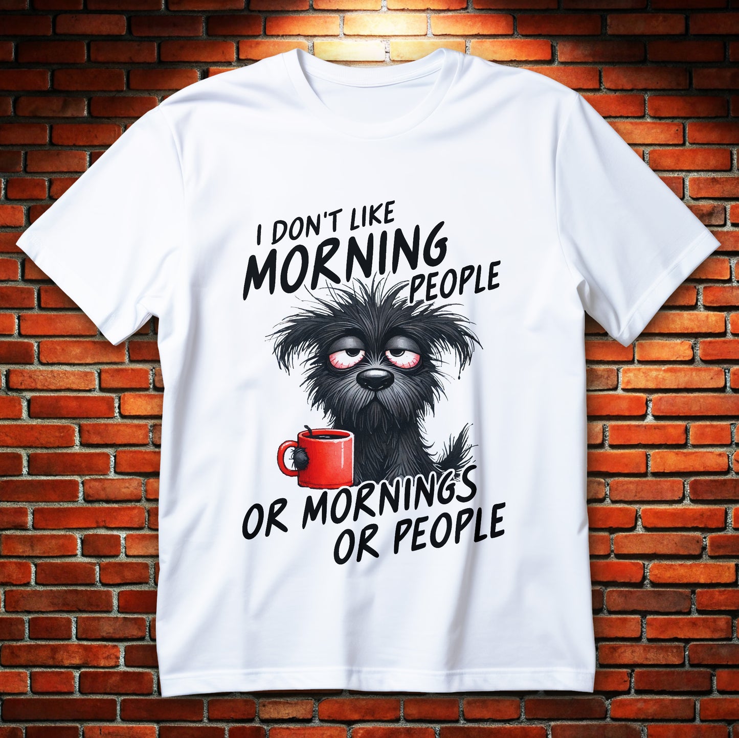 grumpy morning dog t-shirt - sleepy black dog with red coffee mug funny graphic