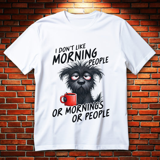 grumpy morning dog t-shirt - sleepy black dog with red coffee mug funny graphic