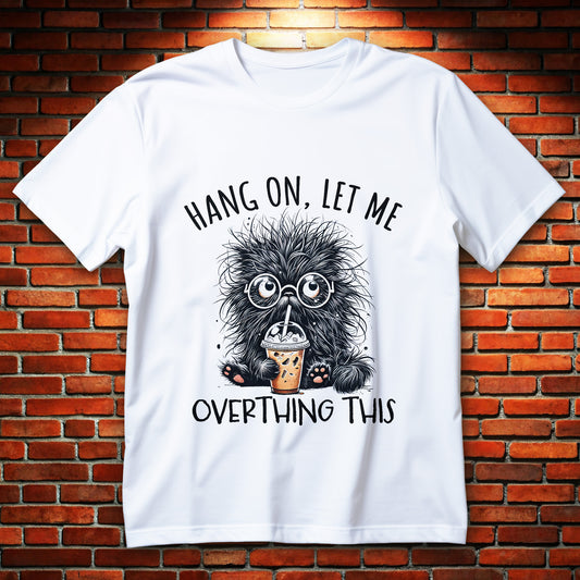 overthinking coffee cat t-shirt - fluffy black cat with glasses holding iced coffee, kawaii funny graphic