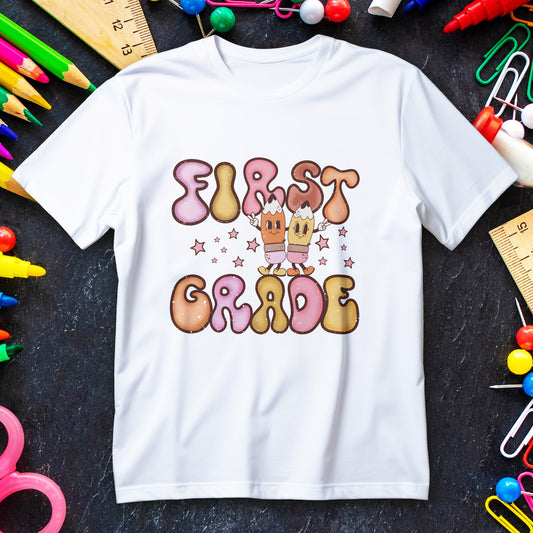 first grade bubble letters t-shirt, pastel kawaii back to school kids tee with pencil pals