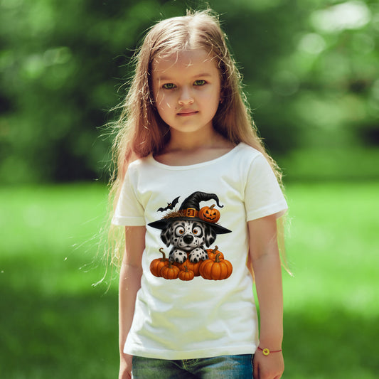 Cute Halloween Puppy Kids T-Shirt - Witch Hat & Pumpkins Toddler Tee