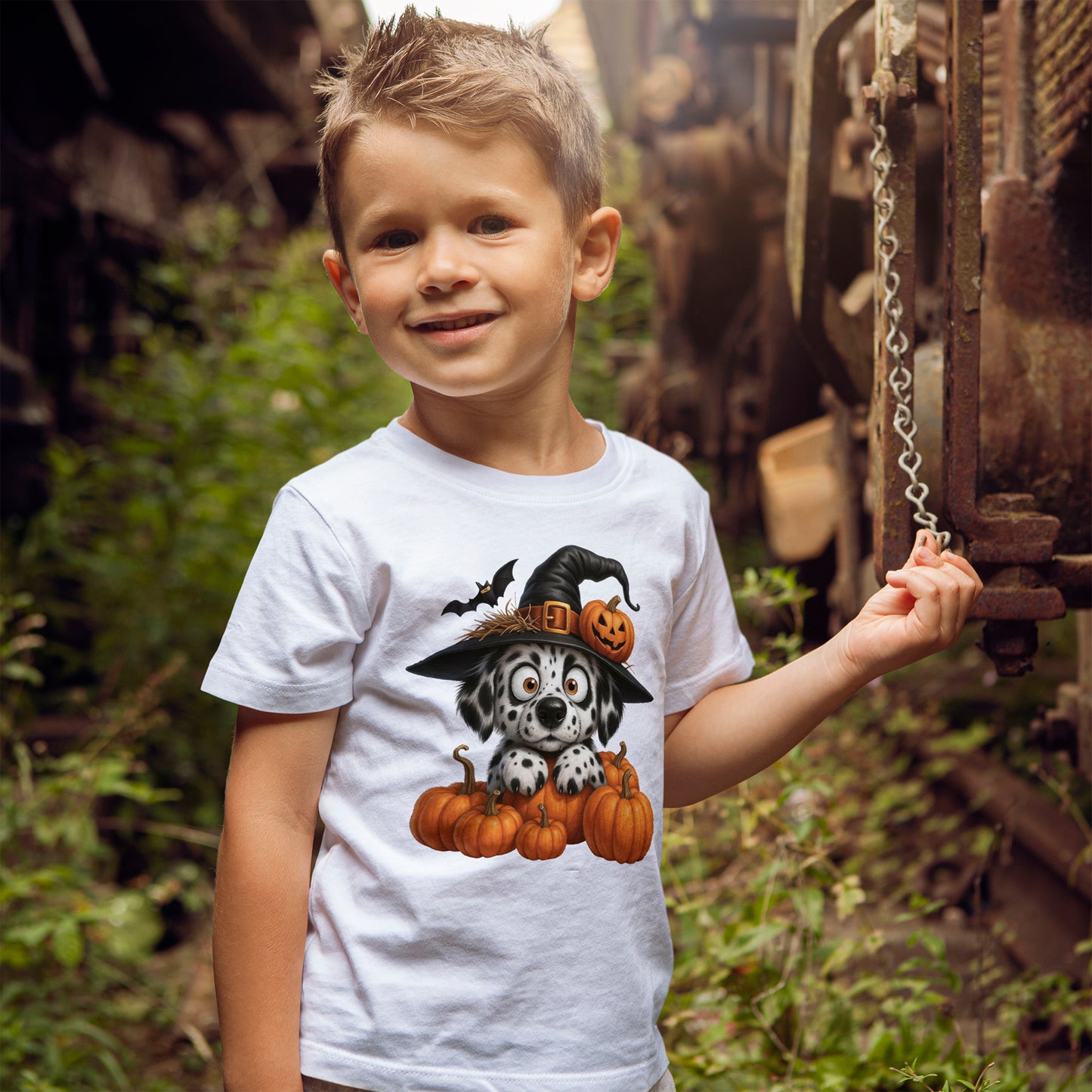 Cute Halloween Puppy Kids T-Shirt - Witch Hat & Pumpkins Toddler Tee