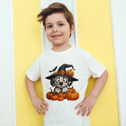 Cute Halloween Puppy Kids T-Shirt - Witch Hat & Pumpkins Toddler Tee