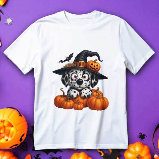 toddler halloween puppy t-shirt - cute dog in witch hat with pumpkins