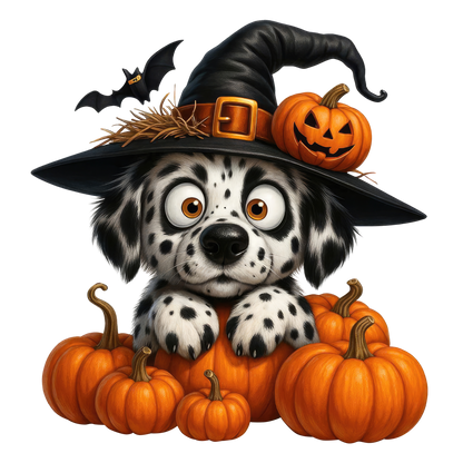 Cute Halloween Puppy Kids T-Shirt - Witch Hat & Pumpkins Toddler Tee