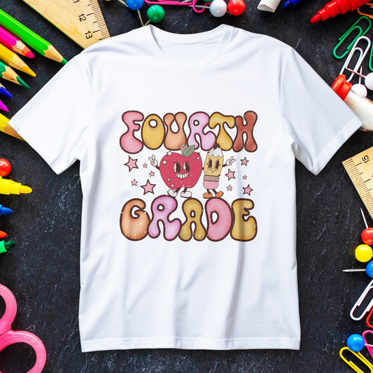 fourth grade bubble letters t-shirt, retro kawaii back to school kids tee with apple and pencil