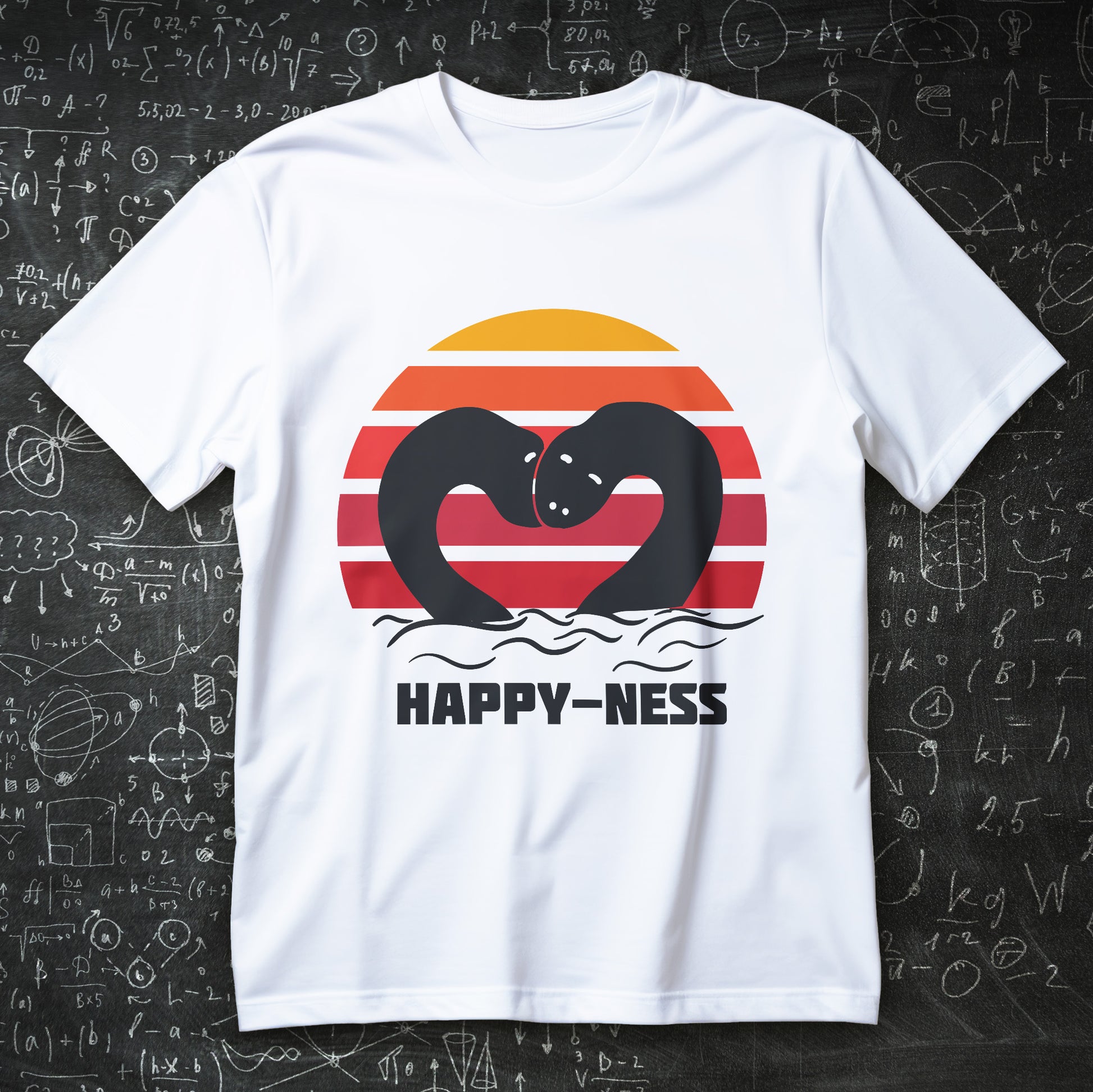 cute loch ness happy-ness shirt with two nessies forming a heart over retro sunset