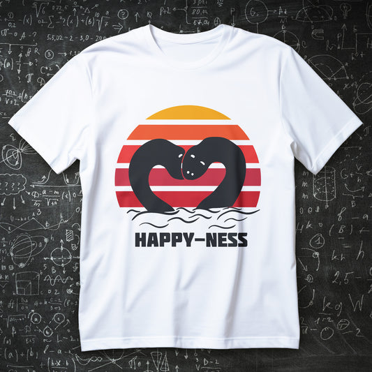 cute loch ness happy-ness shirt with two nessies forming a heart over retro sunset