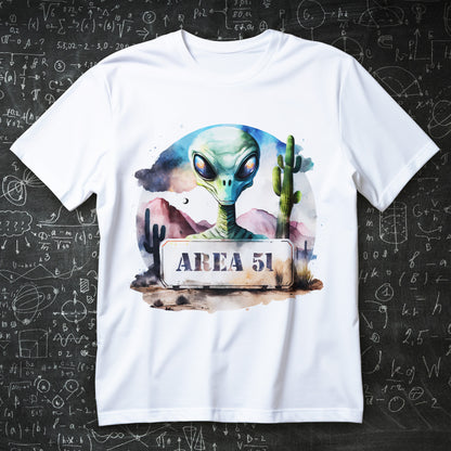 watercolor area 51 alien with neon desert and sign t-shirt