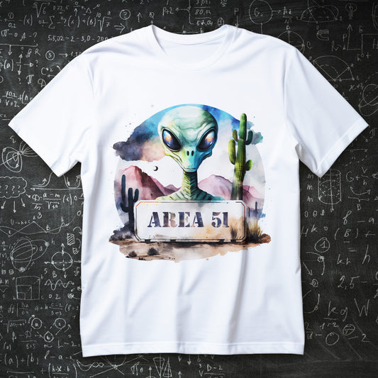 watercolor area 51 alien with neon desert and sign t-shirt