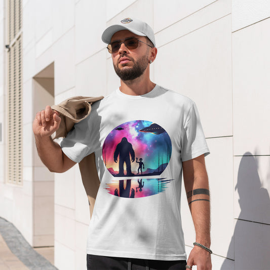 Bigfoot & Alien Friendship T-Shirt - Retro Vaporwave Galaxy UFO Tee