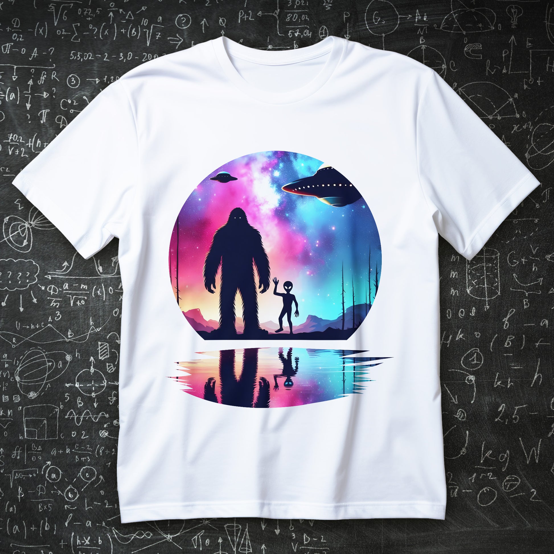 bigfoot and alien friendship t-shirt - vaporwave neon galaxy with ufo silhouettes over lake
