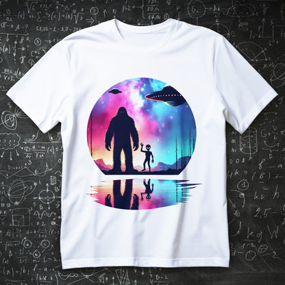 bigfoot and alien friendship t-shirt - vaporwave neon galaxy with ufo silhouettes over lake