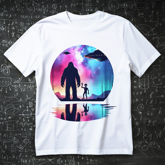 bigfoot and alien friendship t-shirt - vaporwave neon galaxy with ufo silhouettes over lake