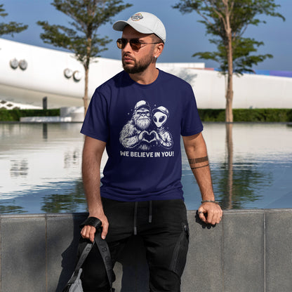 We Believe In You T-Shirt - Bigfoot & Alien Heart Hands Tee